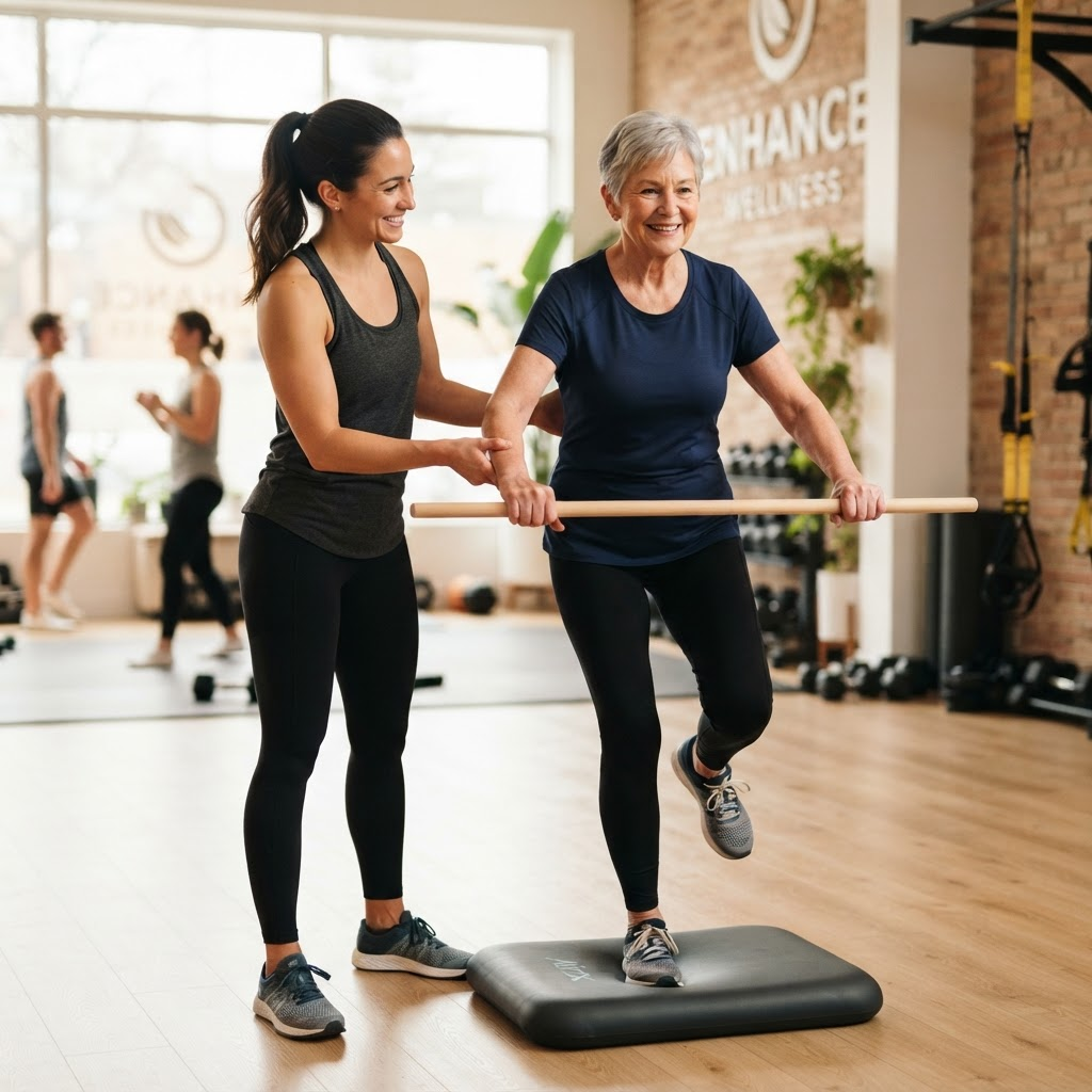 Trainer helping a client practice a balance exercise