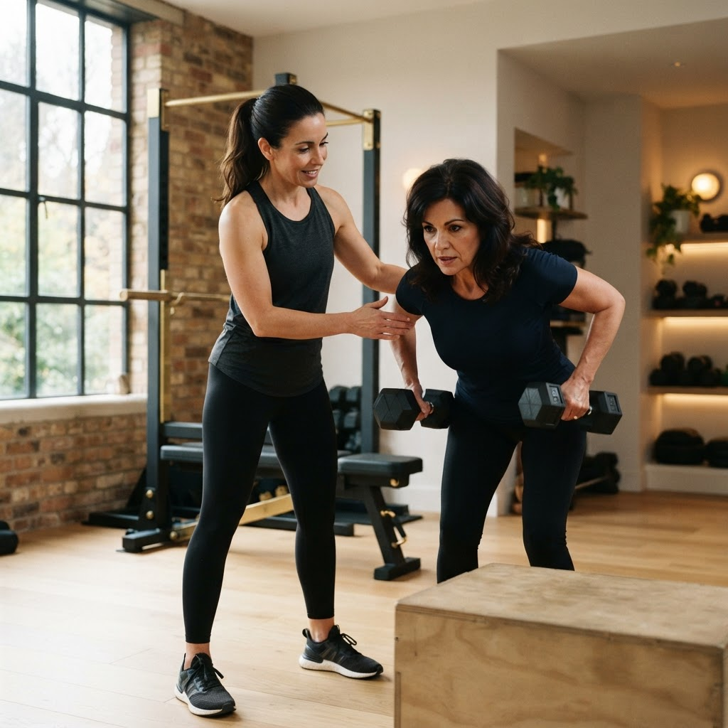 Personal trainer coaching a client through a strength exercise