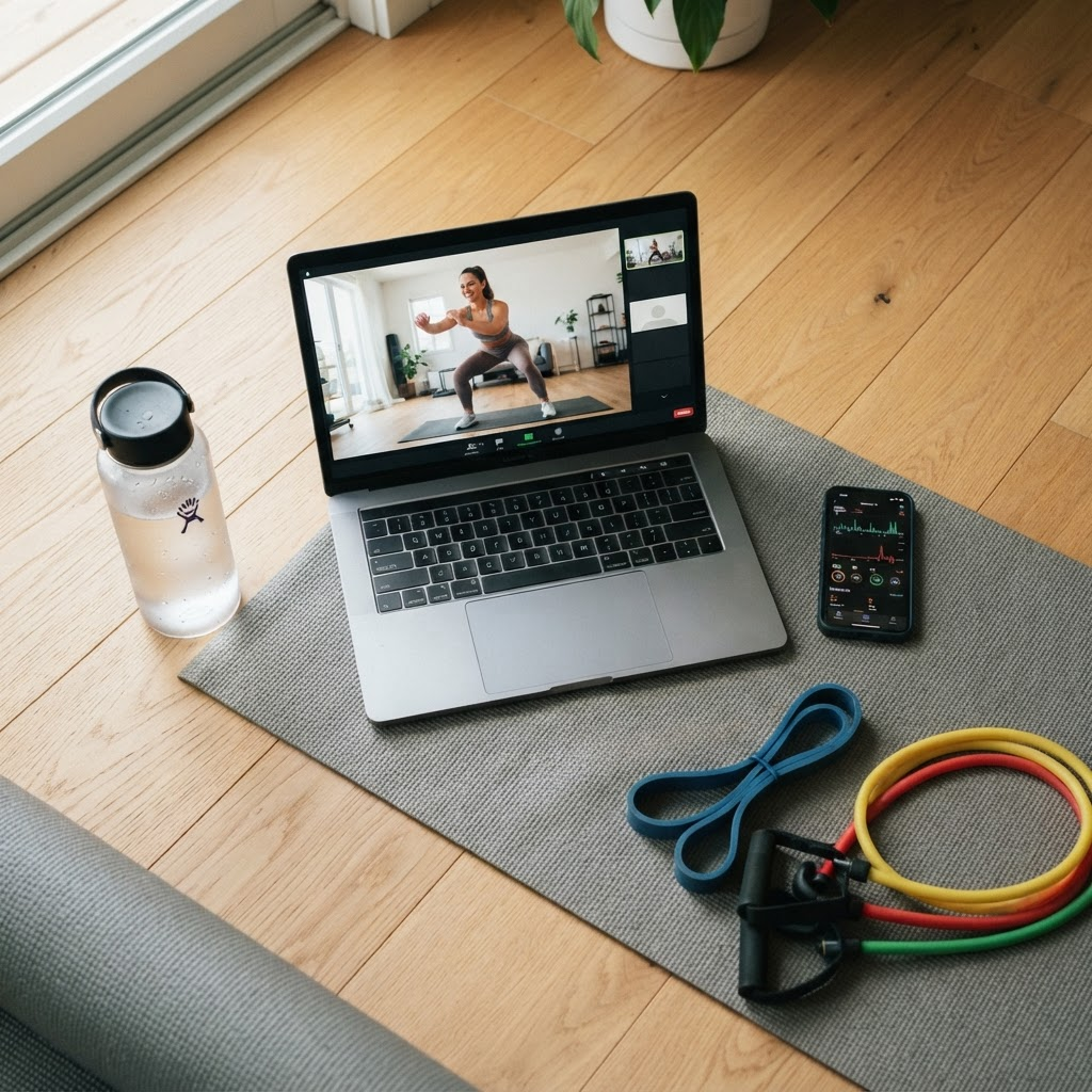 Home workout setup for an online coaching session